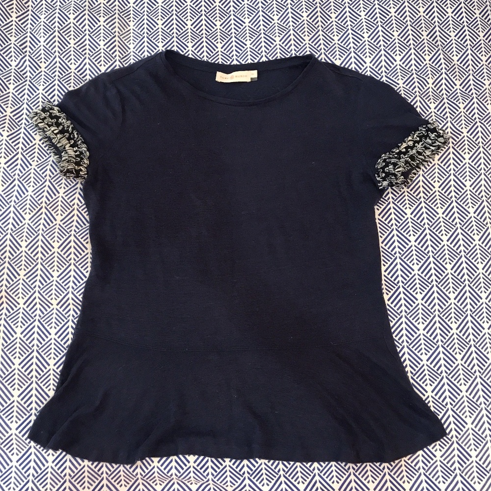 Tory Burch Navy Blue Pelplum T-Shirt Top Size XS